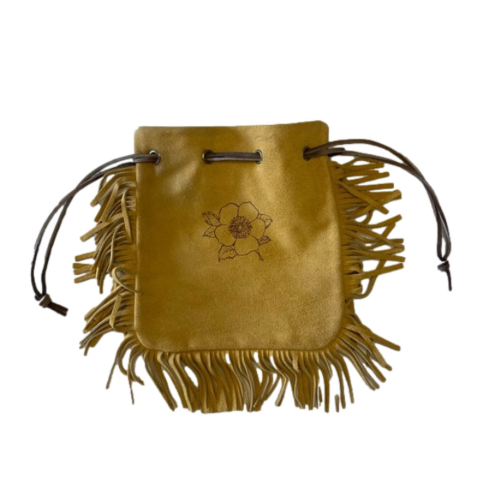 LEATHER Fringed Drawstring Bag with Wild Rose